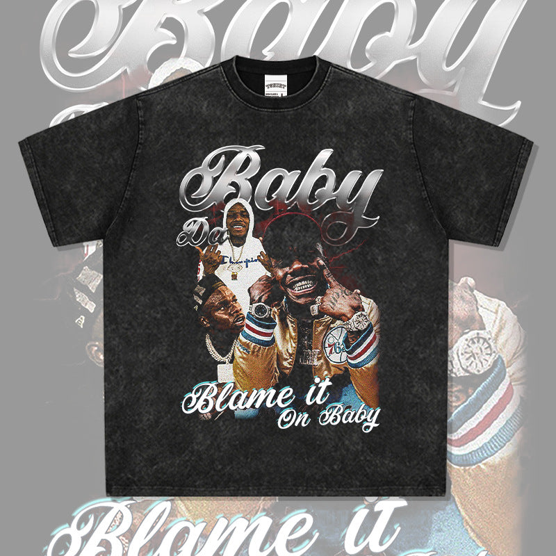 Cool t rapper DaBaby print hip hop rap short sleeve men t retro washed t-shirt loose top