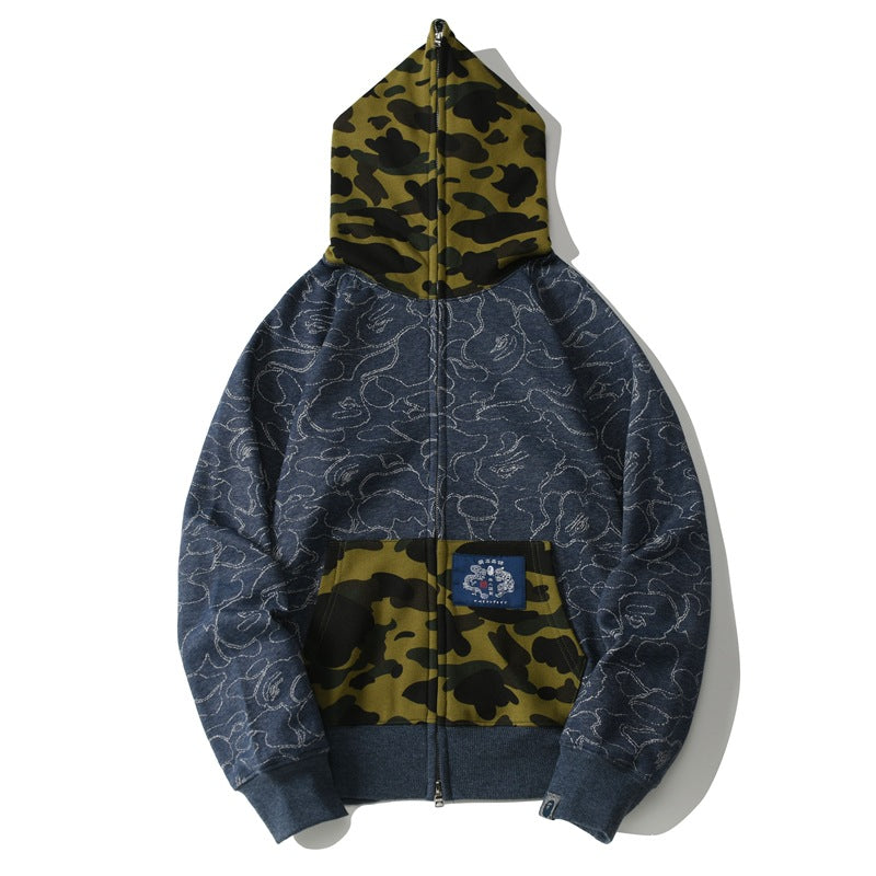 Ape Hoodie Camo Ape Head Embroidered Splicing Hooded Cardigan Zip Sweater Jacket