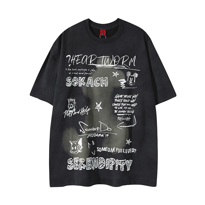New York Hip Hop Style Vintage Alphabet Print Crew Neck Short Sleeve T-Shirt