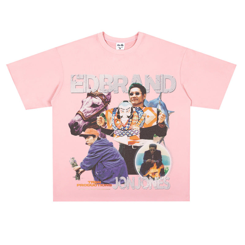 Film Star T Shirt Loose American Retro Heavy round Neck Street T-shirt for Men and Women