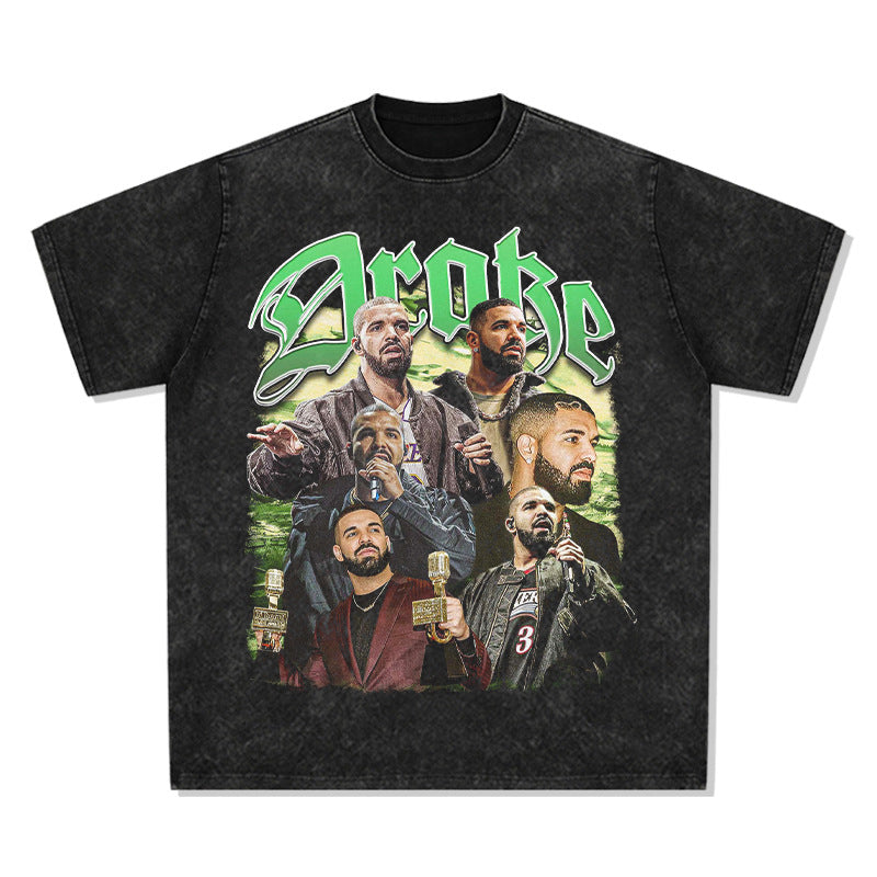 Cool t rapper Drake Printed Hip Hop Street Short Sleeve Vintage Washed T-Shirt Loose Top