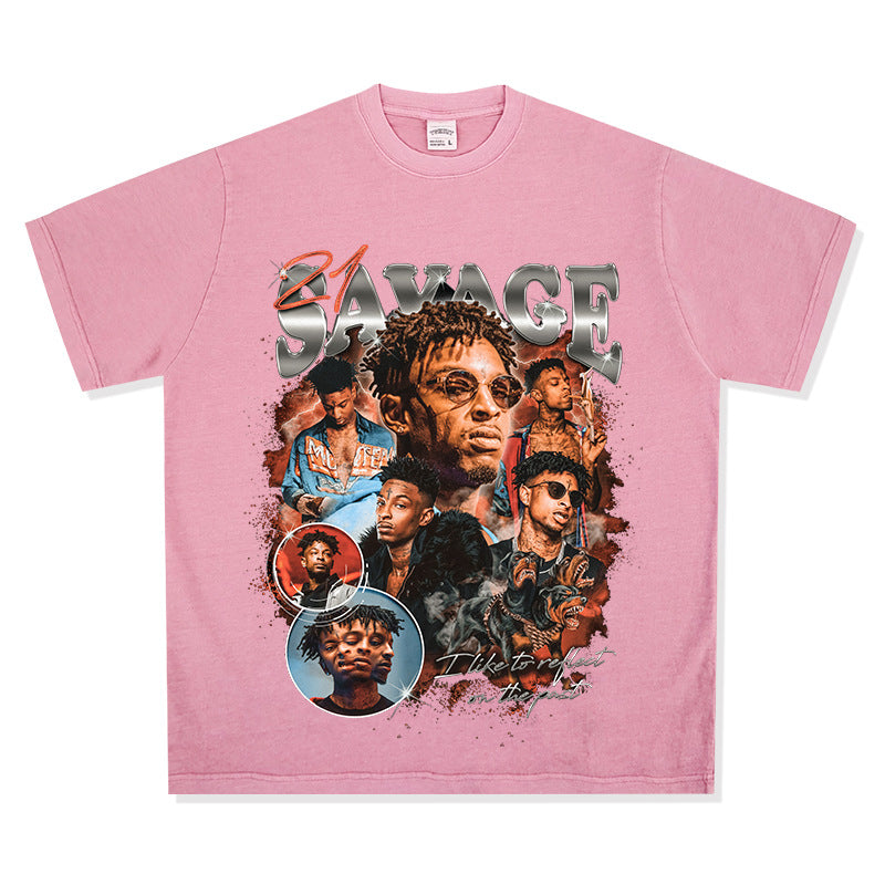 Streetwear masculino vintage 21 Savage print short sleeve hip hop t-shirt