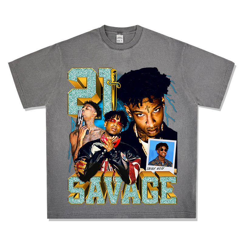 Streetwear masculino hip hop 21 savage print vintage hiphop short sleeve t-shirt