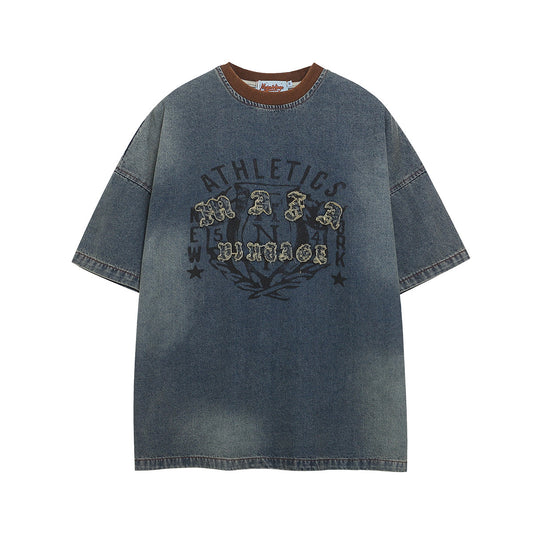 Vestimenta De Los 90 Summer T-Shirt Vintage Embroidered Washed Denim Short Sleeve T-Shirt