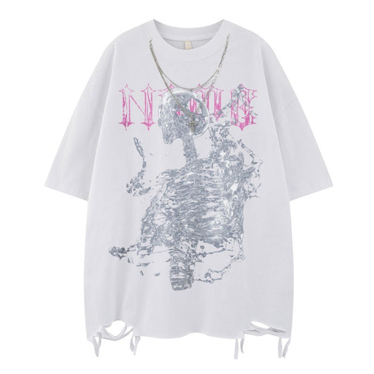 US drip outfits Summer Vintage Skull Print Casual Loose Short Sleeve T-Shirts