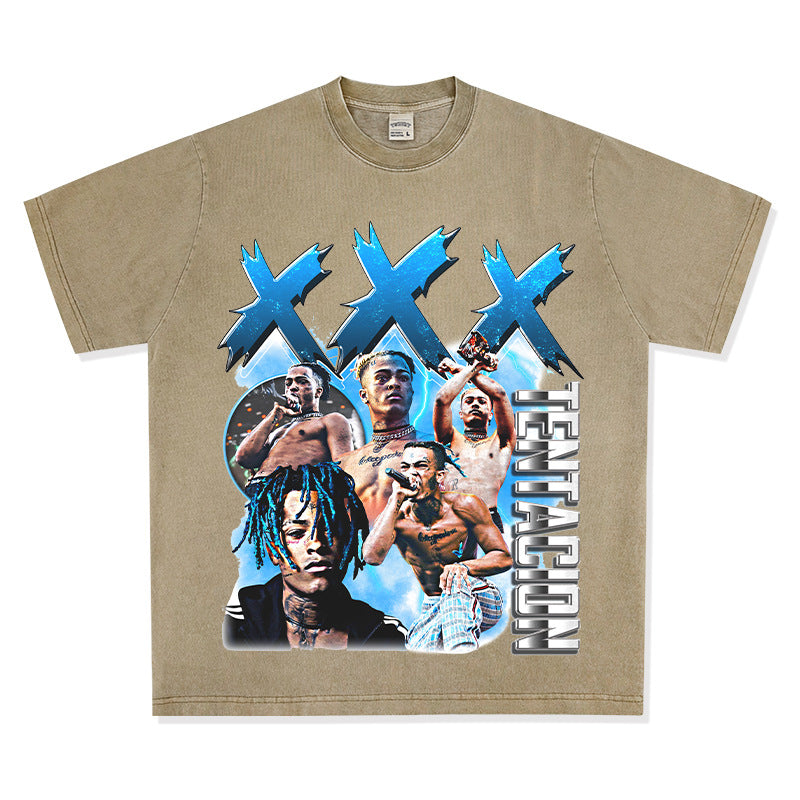 Streetwear masculino vintage hip hop rap XXX Tentacion print short sleeve t-shirt