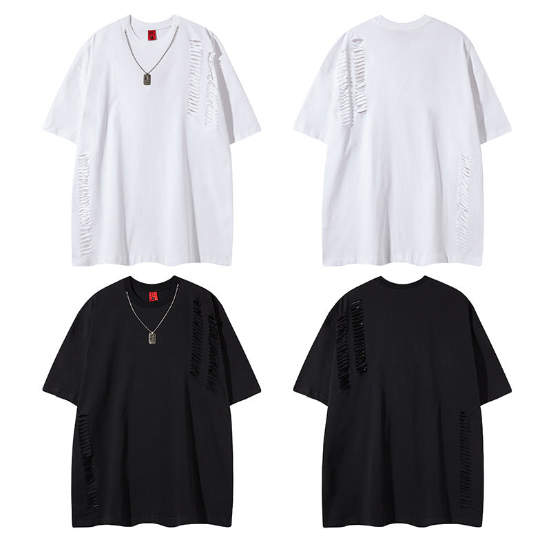 Camisas Retros trendy brand cut hole chain design T-shirt
