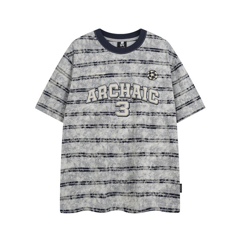 Casual Street Wear Vintage Striped Short Sleeve T-Shirt Crew Neck Loose Casual