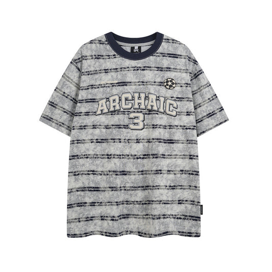 Casual Street Wear Vintage Striped Short Sleeve T-Shirt Crew Neck Loose Casual