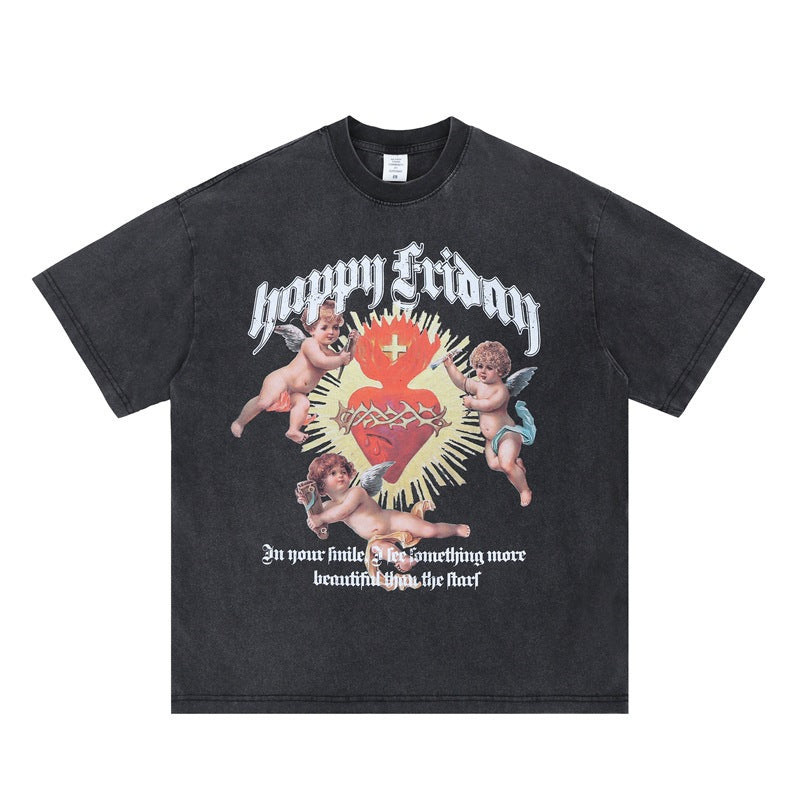 Vintage College Shirts Summer Heart Print Crew Neck Short Sleeve T-Shirt