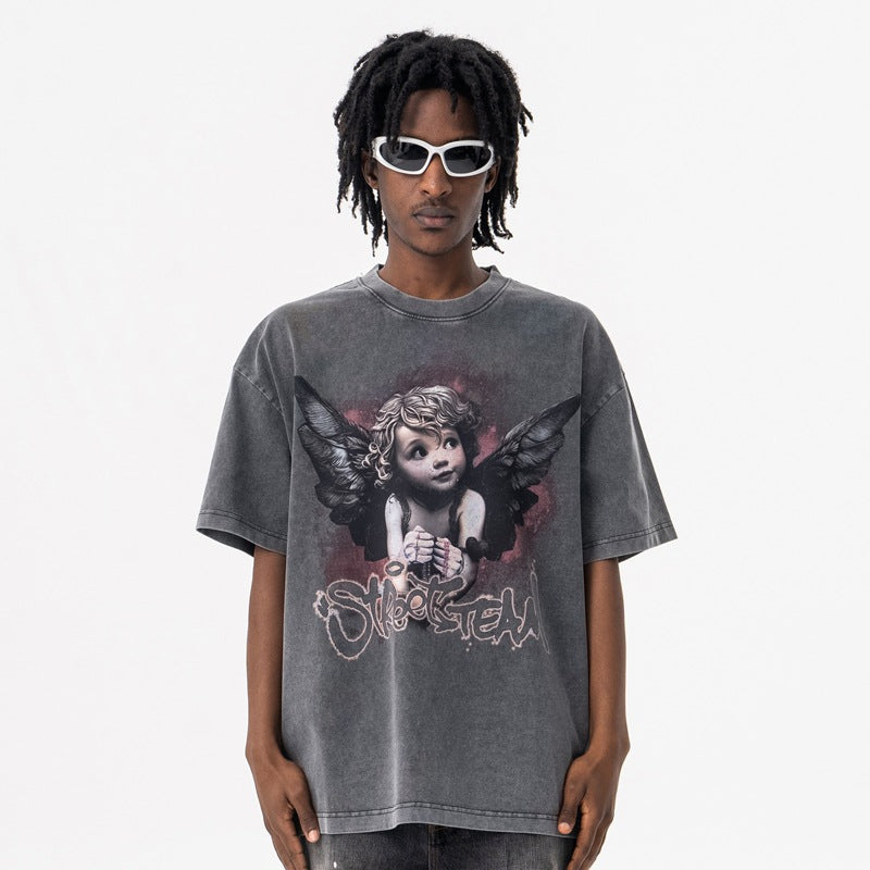 Vintage College Shirts Summer Angel Kids Print Crew Neck Short Sleeve T-Shirt