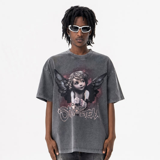 Vintage College Shirts Summer Angel Kids Print Crew Neck Short Sleeve T-Shirt