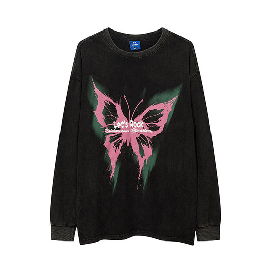 Vintage T Shirts Hip Hop Butterfly Graffiti Print Long Sleeve T-Shirt