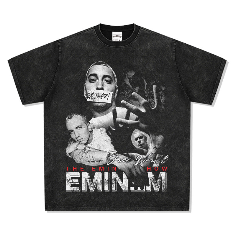 New york hip hop shop Eminem print hip hop long sleeve short sleeve retro washed old t-shirt