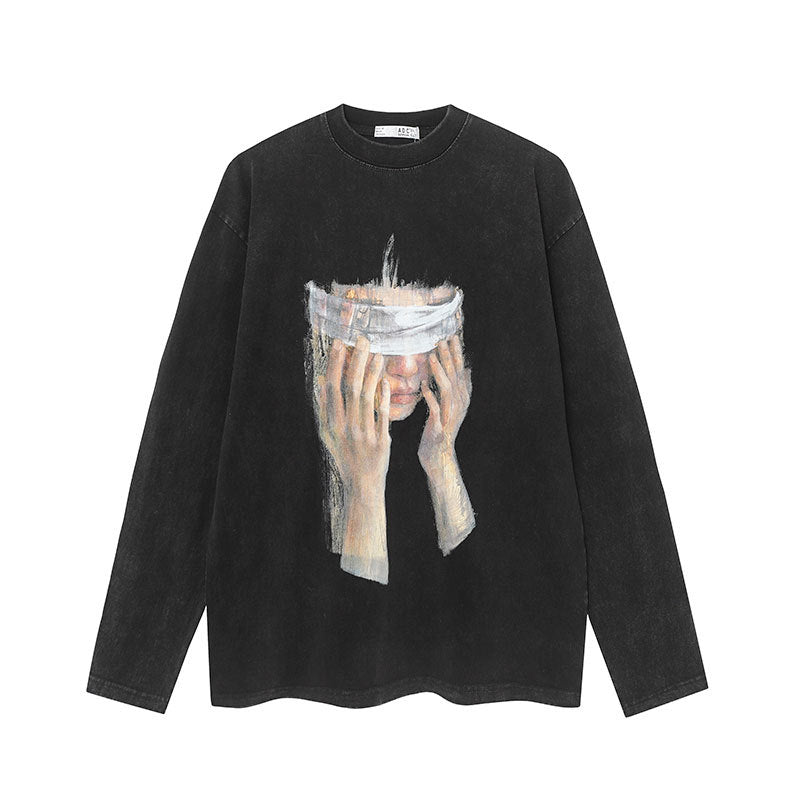 Marcas De Streetwear Vintage Washed Old Masked Girl Print Long Sleeve T-Shirt Top