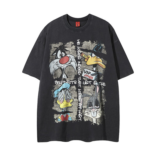 Hip Hop Clothes New York Vintage Washed Old Alphabet Embroidery Short Sleeve Loose Hip Hop T-Shirt