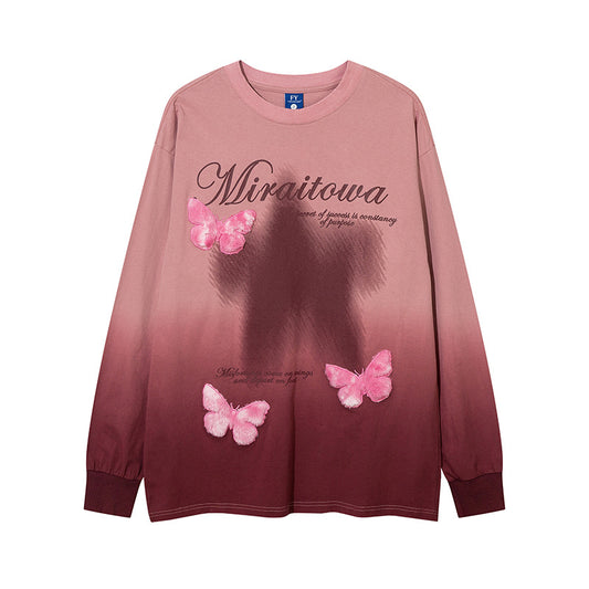 Vintage T Shirts Hip Hop retro gradual change wash water do old long sleeve T-shirt loose butterfly embroidered top