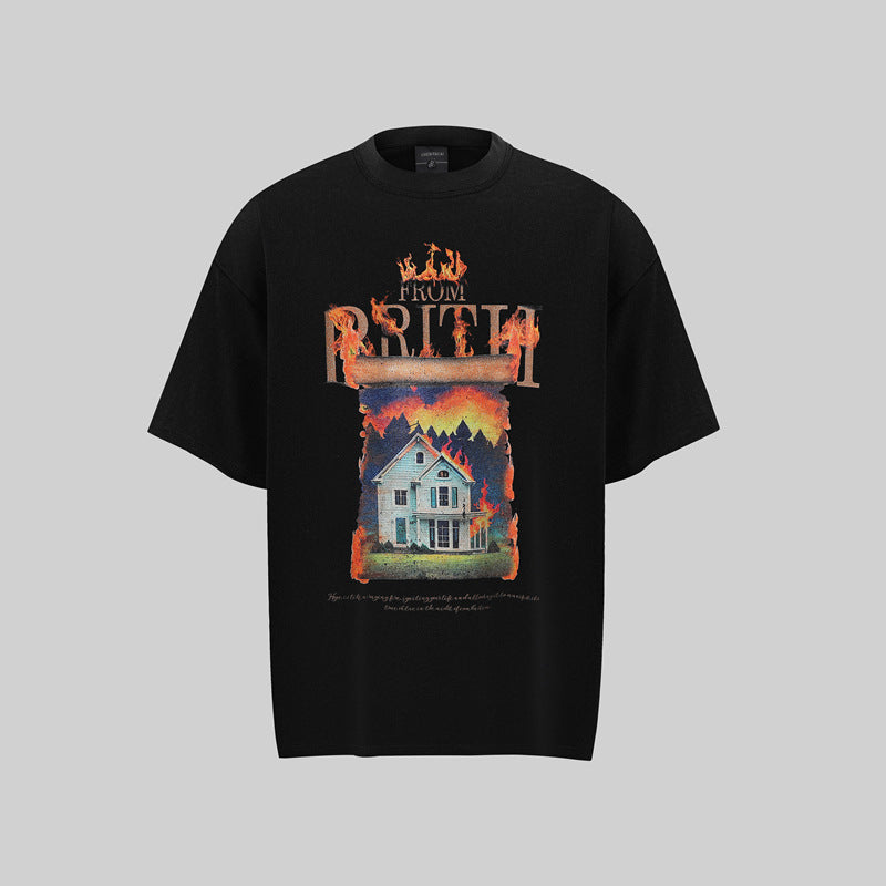 Camisas Retros White Ink Fire House Pattern 3D Printed Design Short Sleeve T-Shirt