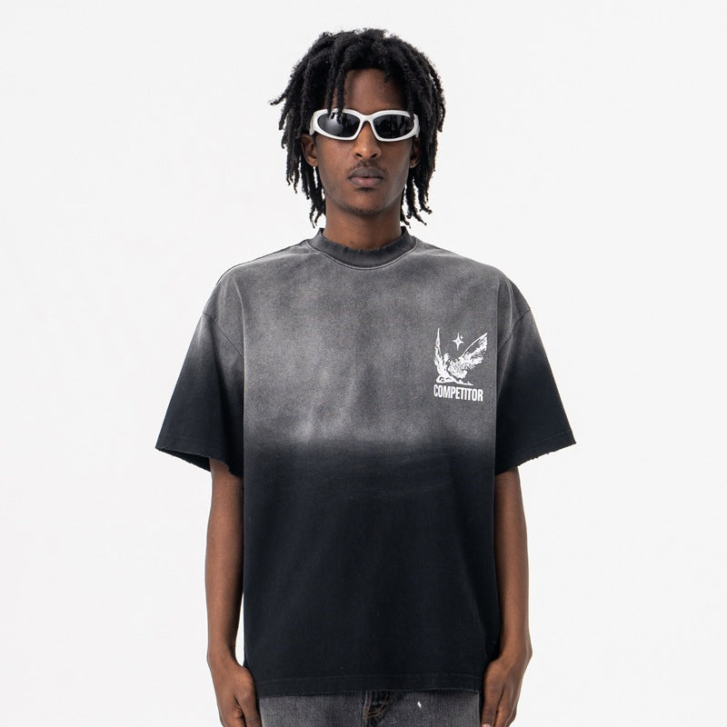 Vic Streetwear summer retro old gradual change washed letter print crew neck short sleeve T-shirt