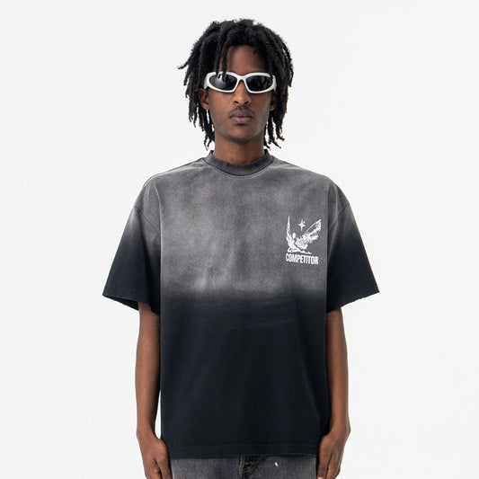 Vic Streetwear summer retro old gradual change washed letter print crew neck short sleeve T-shirt