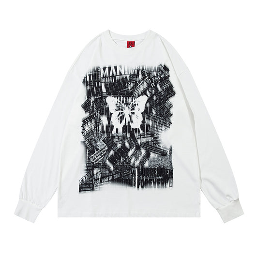 Marcas De Streetwear oversized alphabet butterfly print long-sleeved T-shirt crew neck top