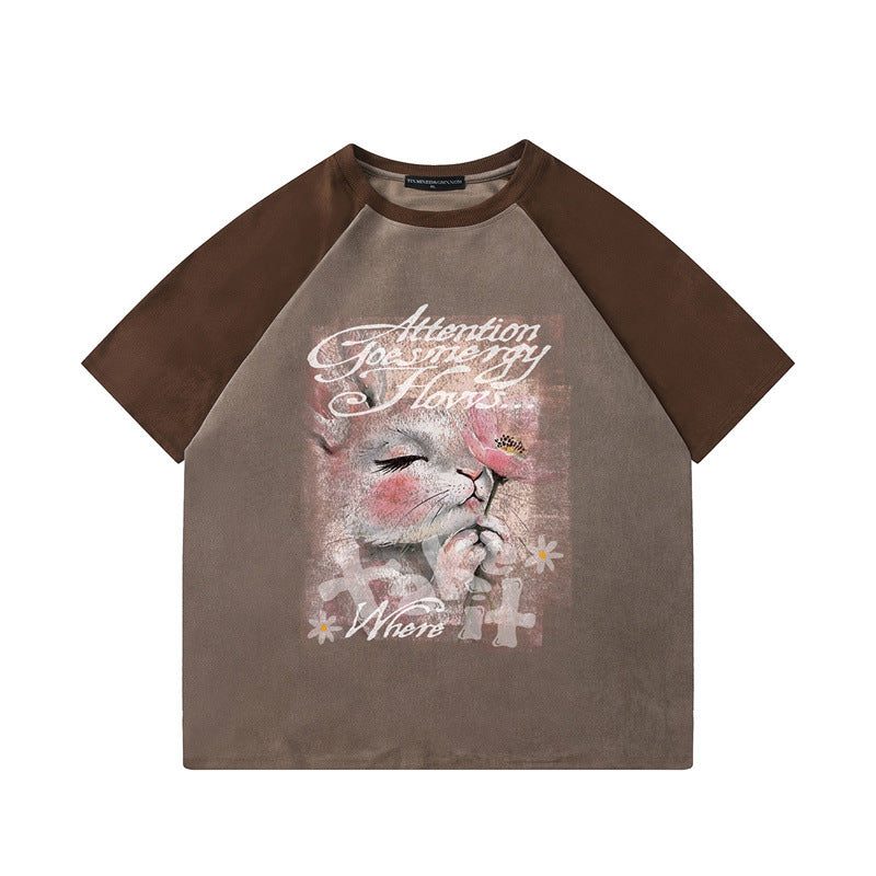US drip outfits Summer Vintage Bunny Pattern Casual Loose Short Sleeve T-Shirts