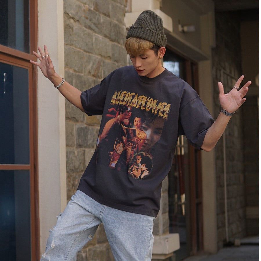 Film Star T Shirt Movie Trend Pure Cotton Short Sleeve Loose round Neck Nostalgic T-shirt