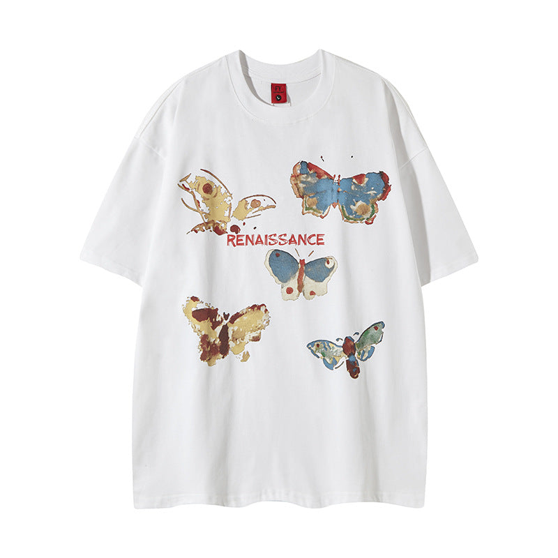 Nostalgia T Shirts Butterfly Print Short Sleeve T-Shirt Hip Hop Loose Crew Neck T-Shirt
