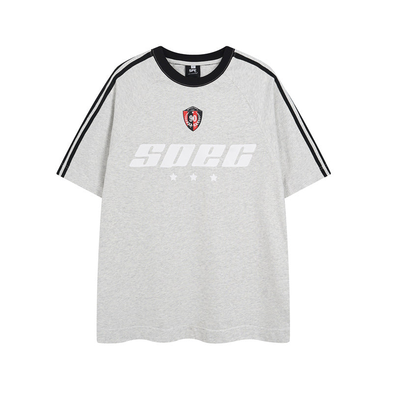 Y2K mens shirt retro round neck splicing men's short-sleeved T-shirt