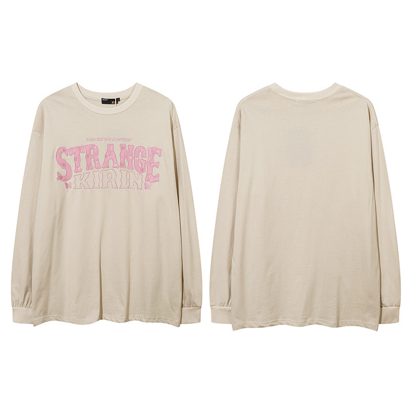 Vintage T Shirts Hip Hop Vintage Alphabet Patch Embroidered Long Sleeve T-Shirt