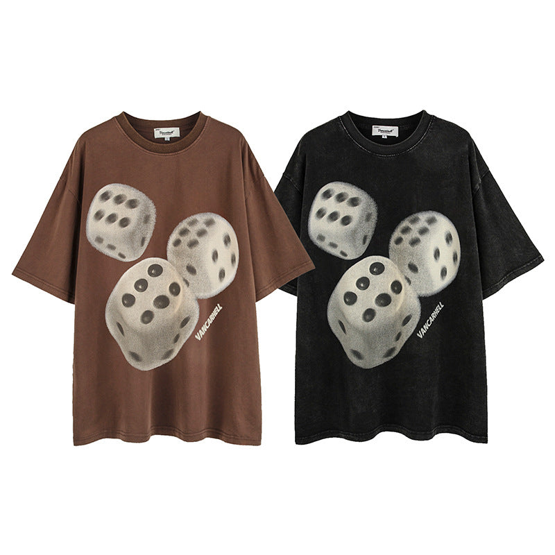 Vintage T Shirts Hip Hop Vintage Washed Dice Print Short Sleeve T-Shirt