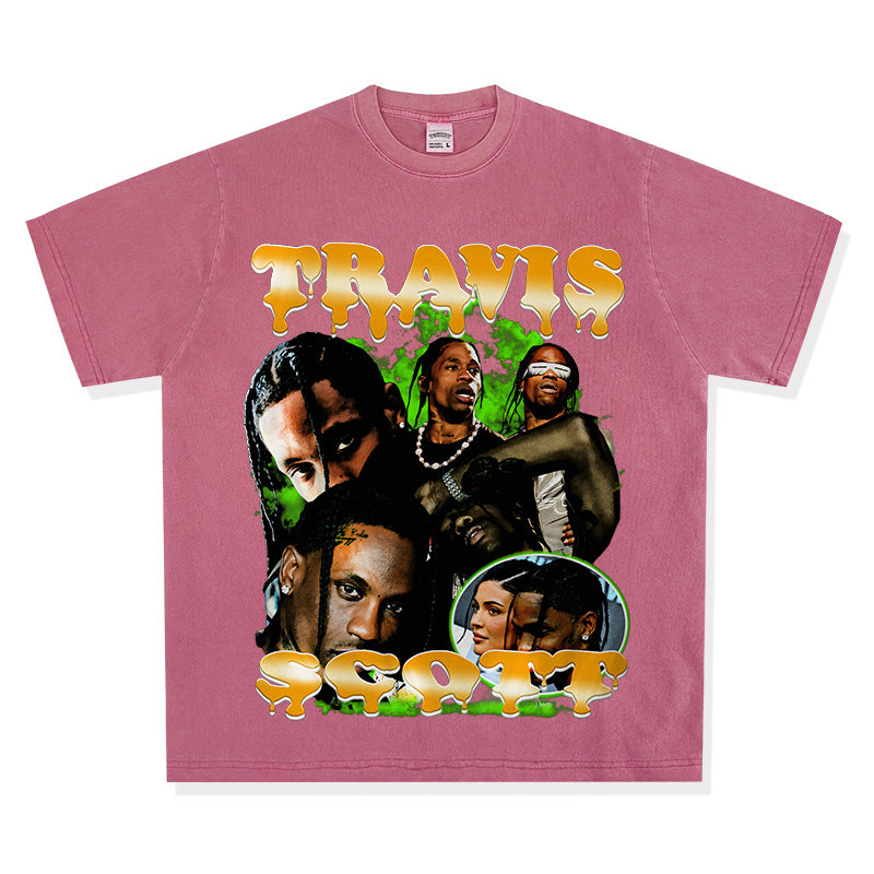 Streetwear masculino vintage hip hop Travis Scott Travis print short sleeve t-shirt