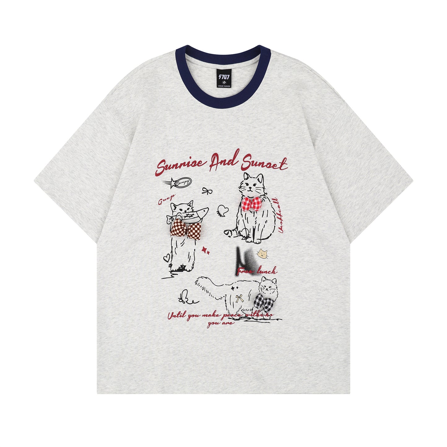 Distorted vintage cat short-sleeved t-shirt summer loose casual top