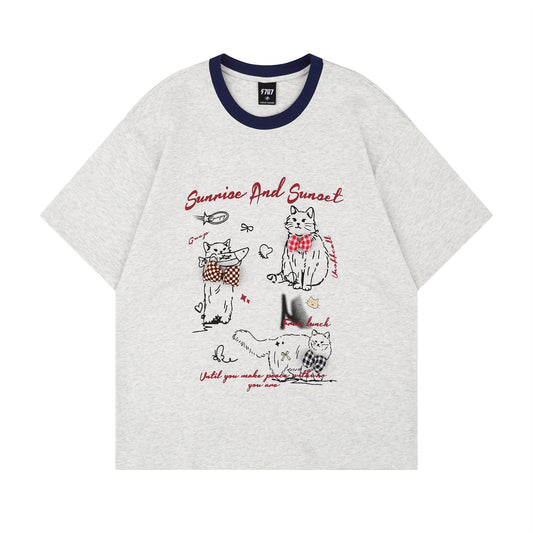 Distorted vintage cat short-sleeved t-shirt summer loose casual top
