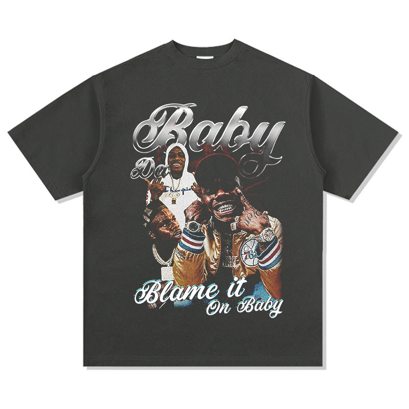 Cool t rapper DaBaby print hip hop rap short sleeve men t retro washed t-shirt loose top