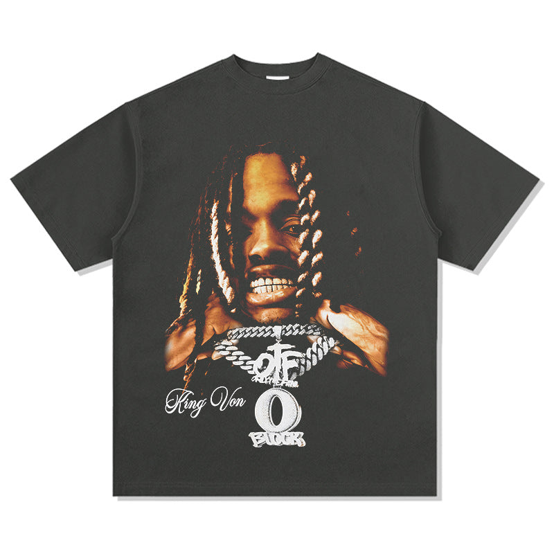 Streetwear masculino vintage hip hop King Von print short sleeve t-shirt