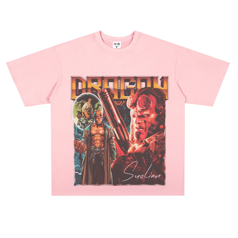 Film Star T Shirt Movie Hellboy Street Style Short Sleeve Loose American Print T-shirt Men and Women