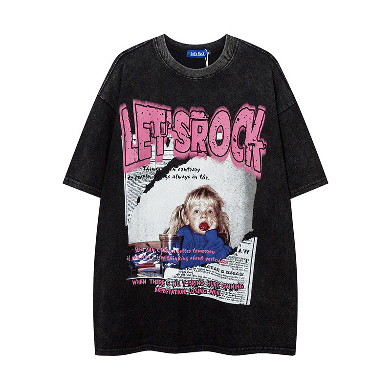 Vintage T Shirts Hip Hop Old Short Sleeve T-Shirt Summer Loose Graffiti Print