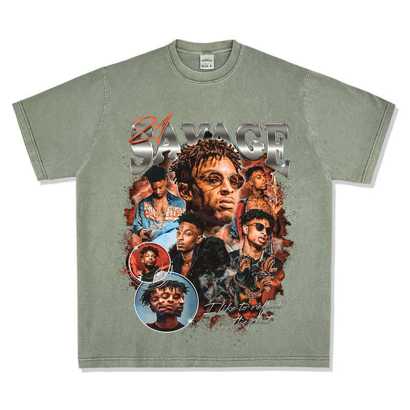 Streetwear masculino vintage 21 Savage print short sleeve hip hop t-shirt