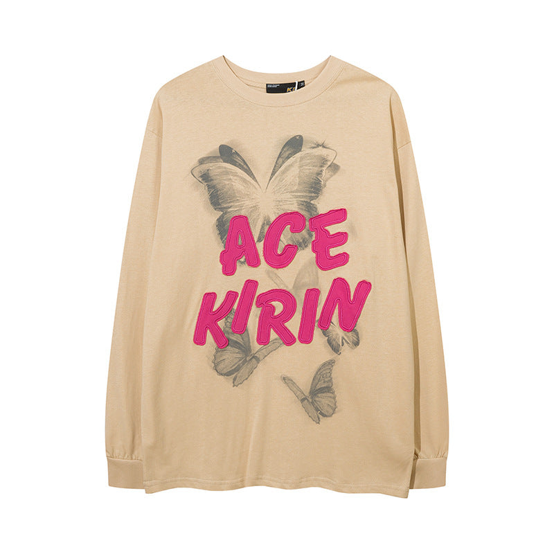 Vintage T Shirts Hip Hop Butterfly Letter Embroidery Long Sleeve T-Shirt