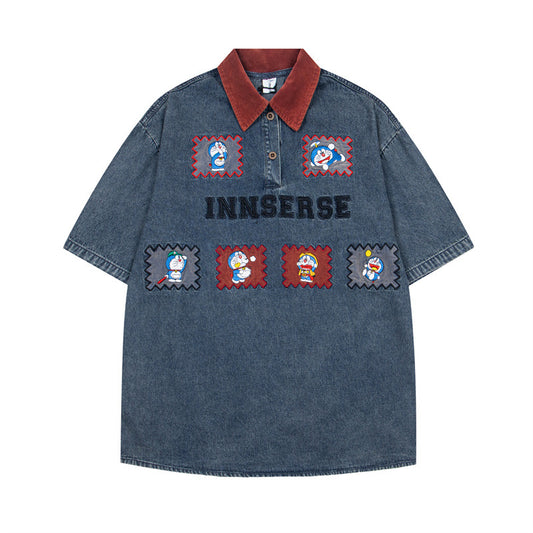 Y2K mens shirt retro cartoon lapel stitching embroidered polo shirt