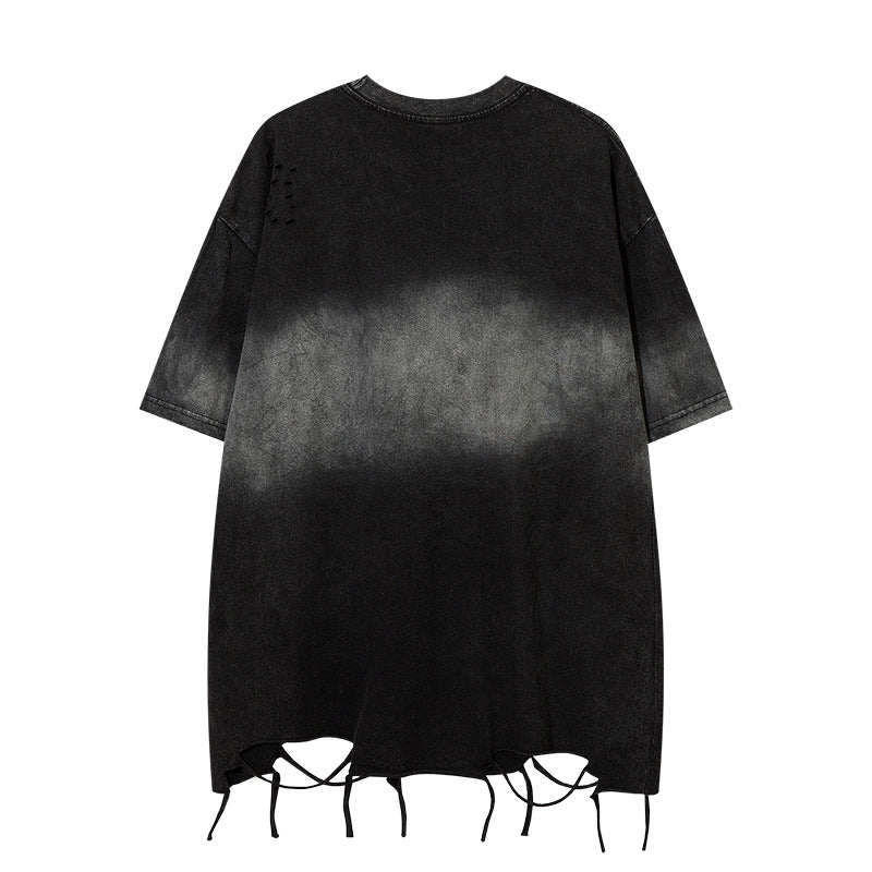 Nostalgia T Shirts Tie-dye gradual change washed hole short sleeve T-shirt
