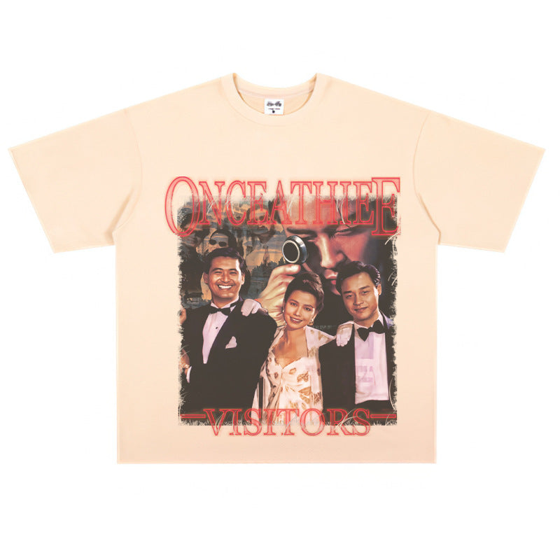 Film Star T Shirt Cotton Short Sleeve Loose round Neck Retro Nostalgic Heavy Printed T-shirt