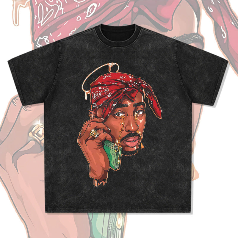 Streetwear masculino vintage hip hop tupac print short sleeve t-shirt