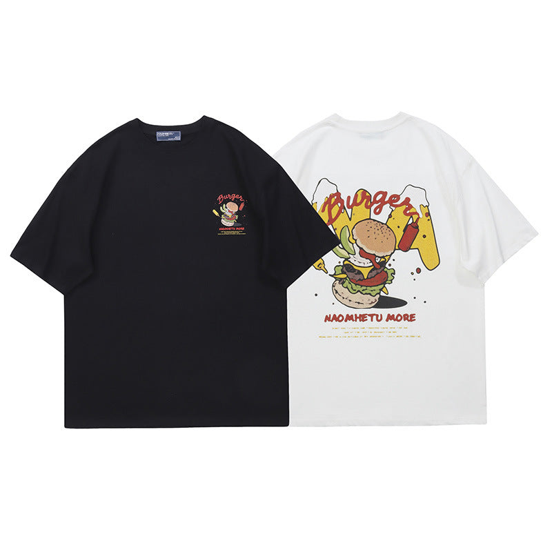 Vice streetwear summer cartoon hamburger print short sleeve loose T-Shirts