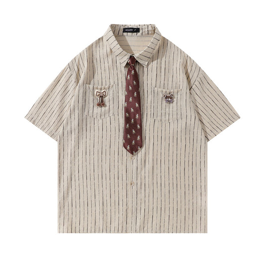 Y2K mens shirt vintage striped tie casual short-sleeved shirt
