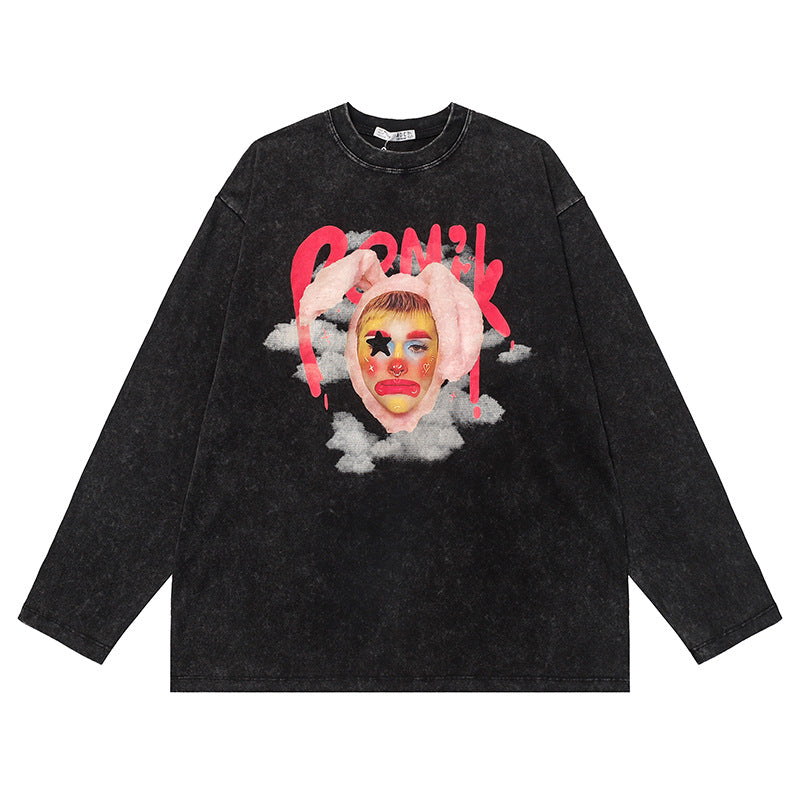 Vintage T Shirts Hip Hop Vintage Clown Washed Long Sleeve T-Shirt