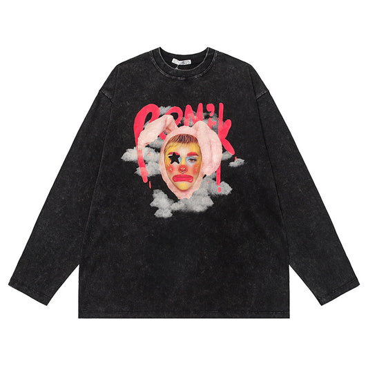 Vintage T Shirts Hip Hop Vintage Clown Washed Long Sleeve T-Shirt