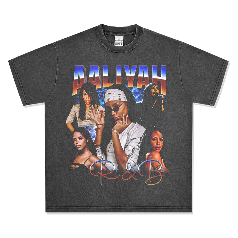 Streetwear masculino vintage hip hop Aaliyah print short sleeve t-shirt