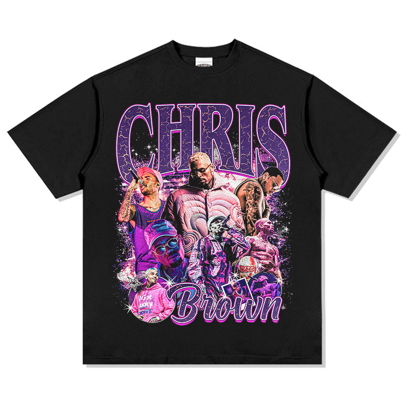 Streetwear masculino vintage hip hop chris brown print short sleeve t-shirt